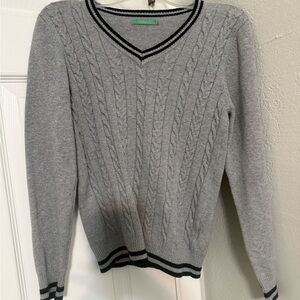 Grey Cable Knit V-Neck Sweater